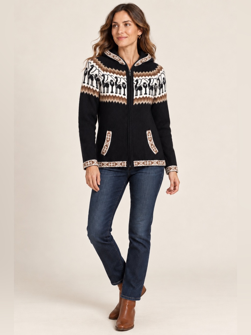 Gamboa Premium Alpaca Black Llama Cardigan Sweater Zip Front Andean Knit